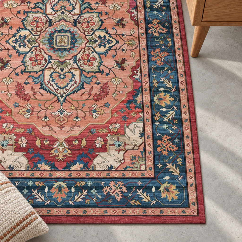 Détail du motif et de la bordure du tapis Juliette, vu du dessus