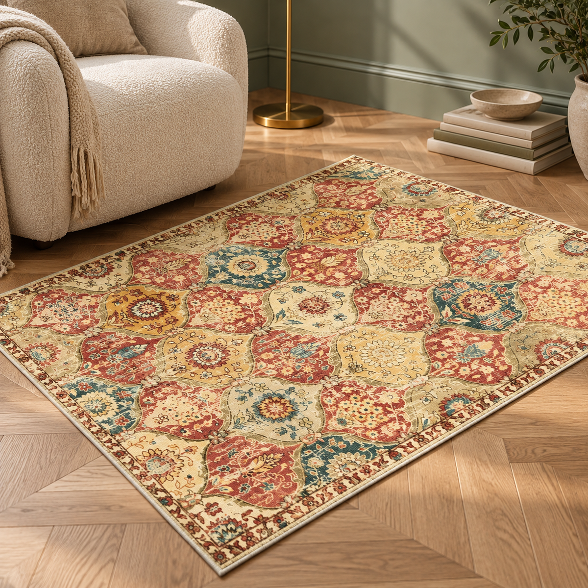 Tapis Leïla au pied d'un fauteuil en bouclé, ambiance salon