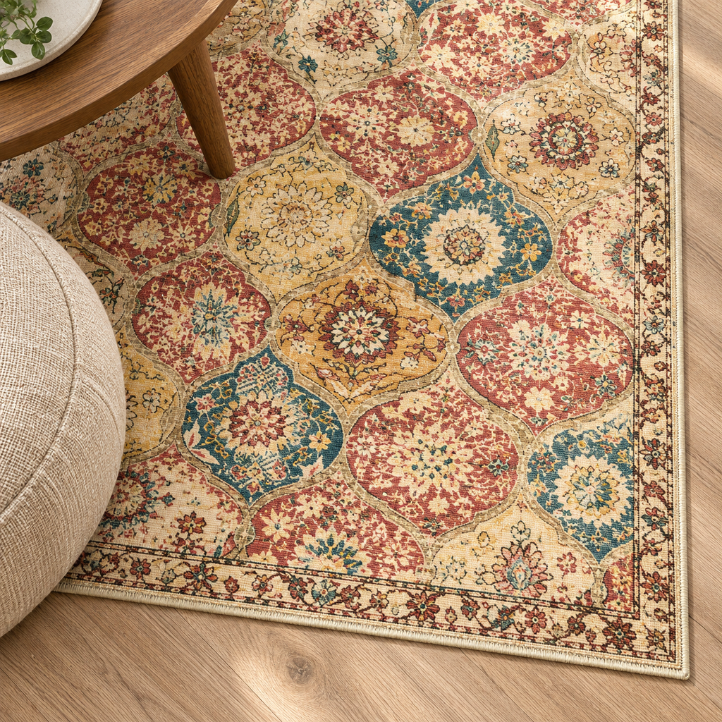 Détail du motif et de la bordure du tapis Leïla, vu du dessus