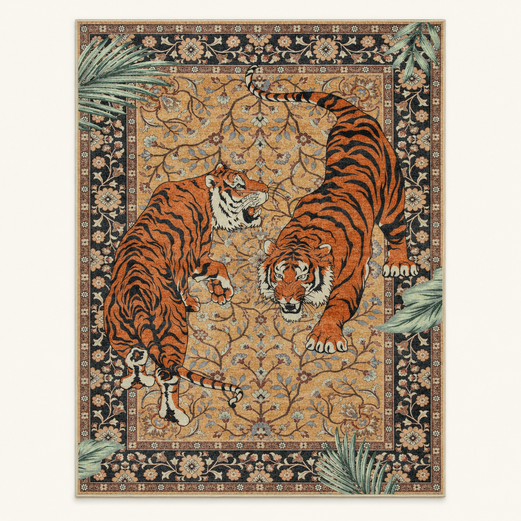 Tapis jungle animalier Léon, vue complète du motif sur fond clair
