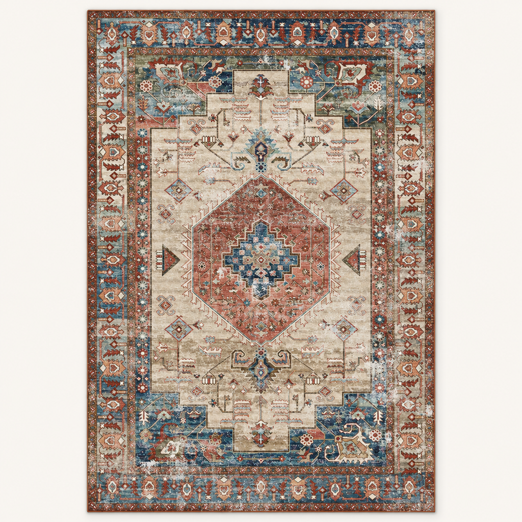 Tapis géométrique rétro Léonie, vue complète du motif sur fond clair