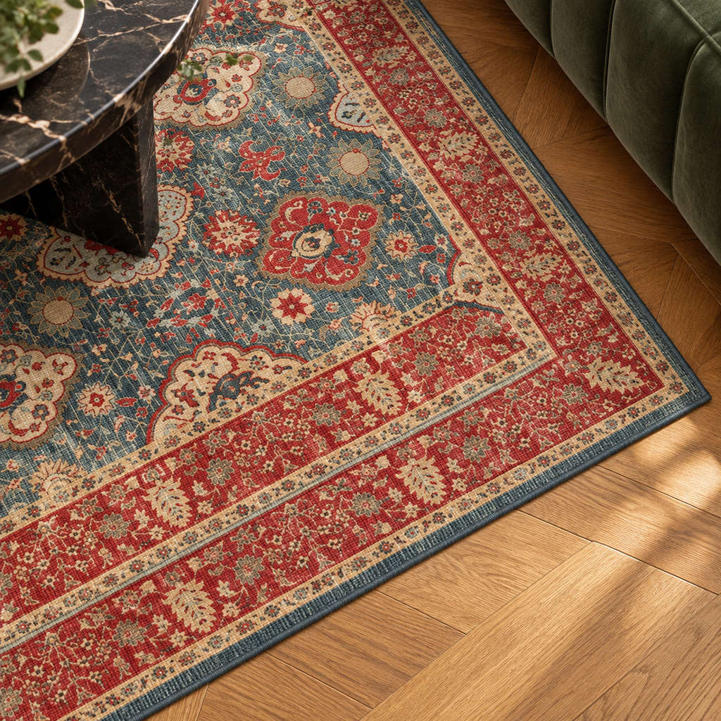Détail du motif et de la bordure du tapis Lina, vu du dessus