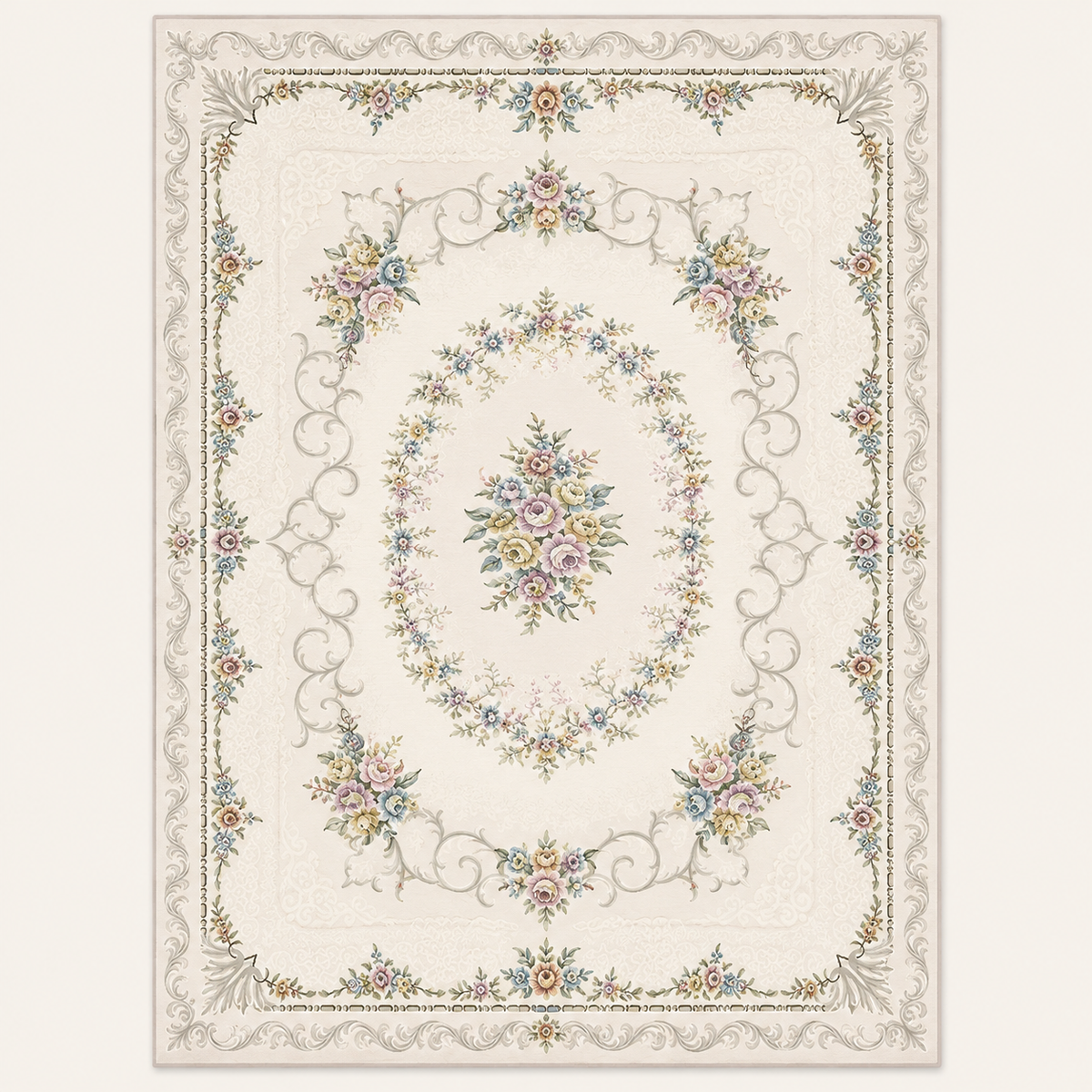 Tapis persan bohème Liora, vue complète du motif sur fond clair