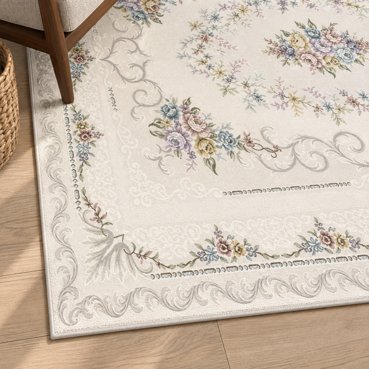 Détail du motif et de la bordure du tapis Liora, vu du dessus