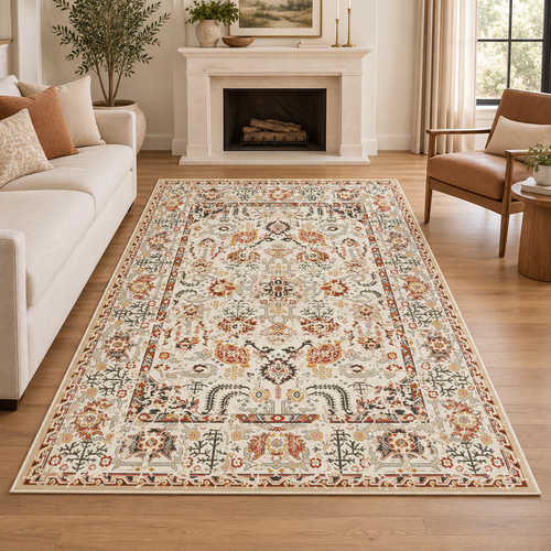 Tapis bohème lavable Livia dans un salon lumineux haut de gamme
