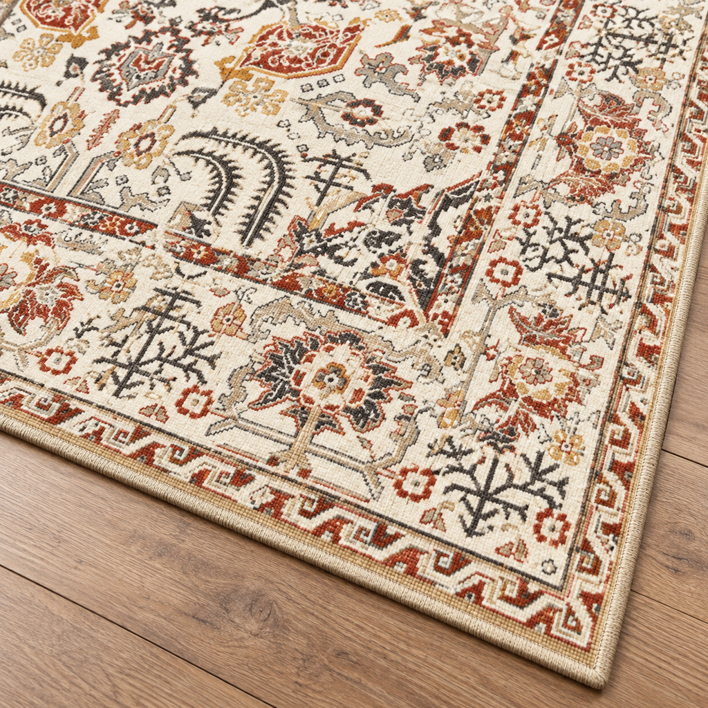Détail du motif et de la bordure du tapis Livia