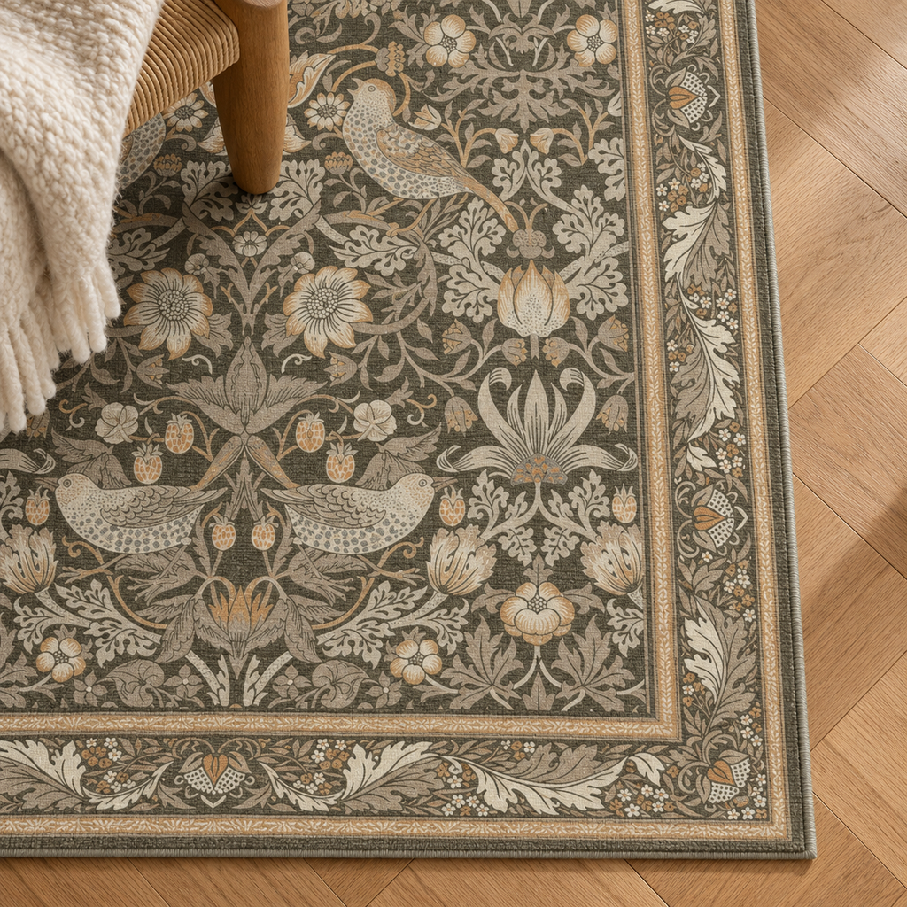 Détail du motif et de la bordure du tapis Louise, vu du dessus