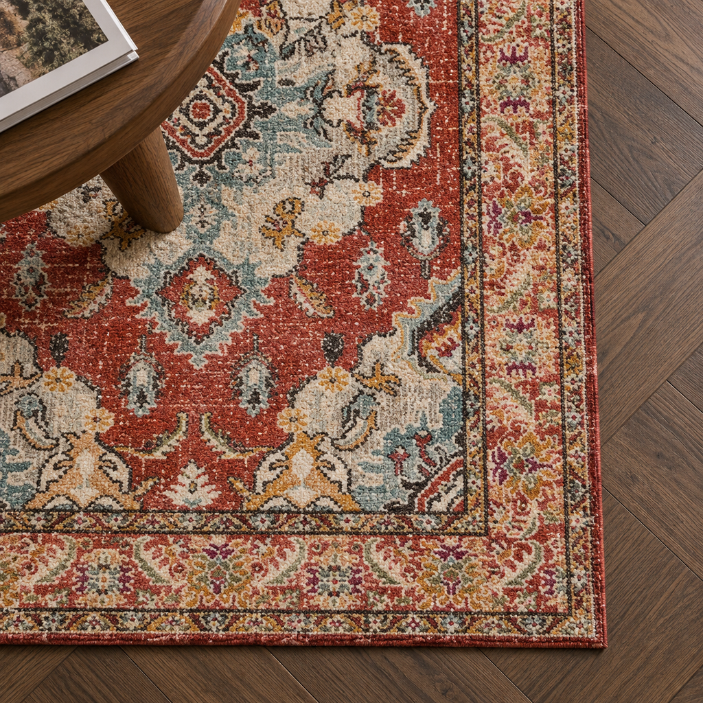 Détail du motif et de la bordure du tapis Maïa, vu du dessus