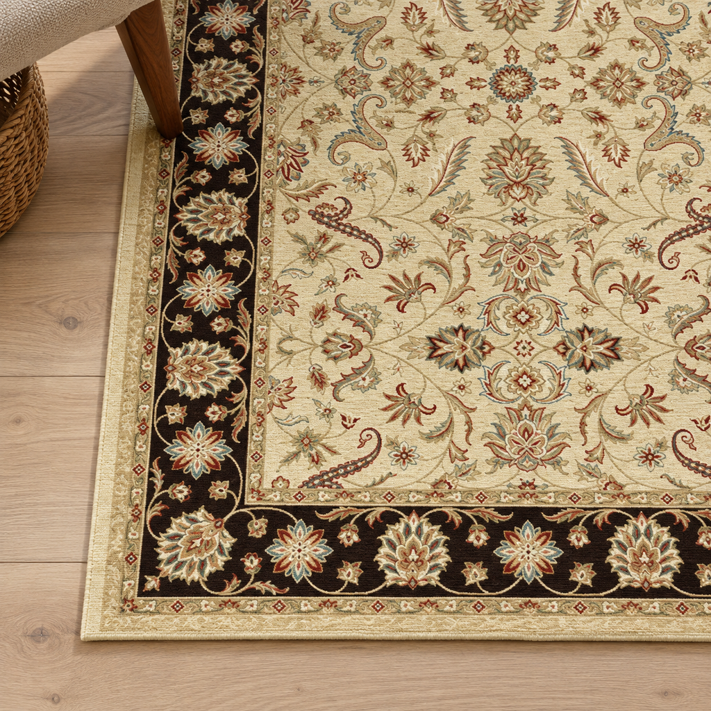 Détail du motif et de la bordure du tapis Manon, vu du dessus