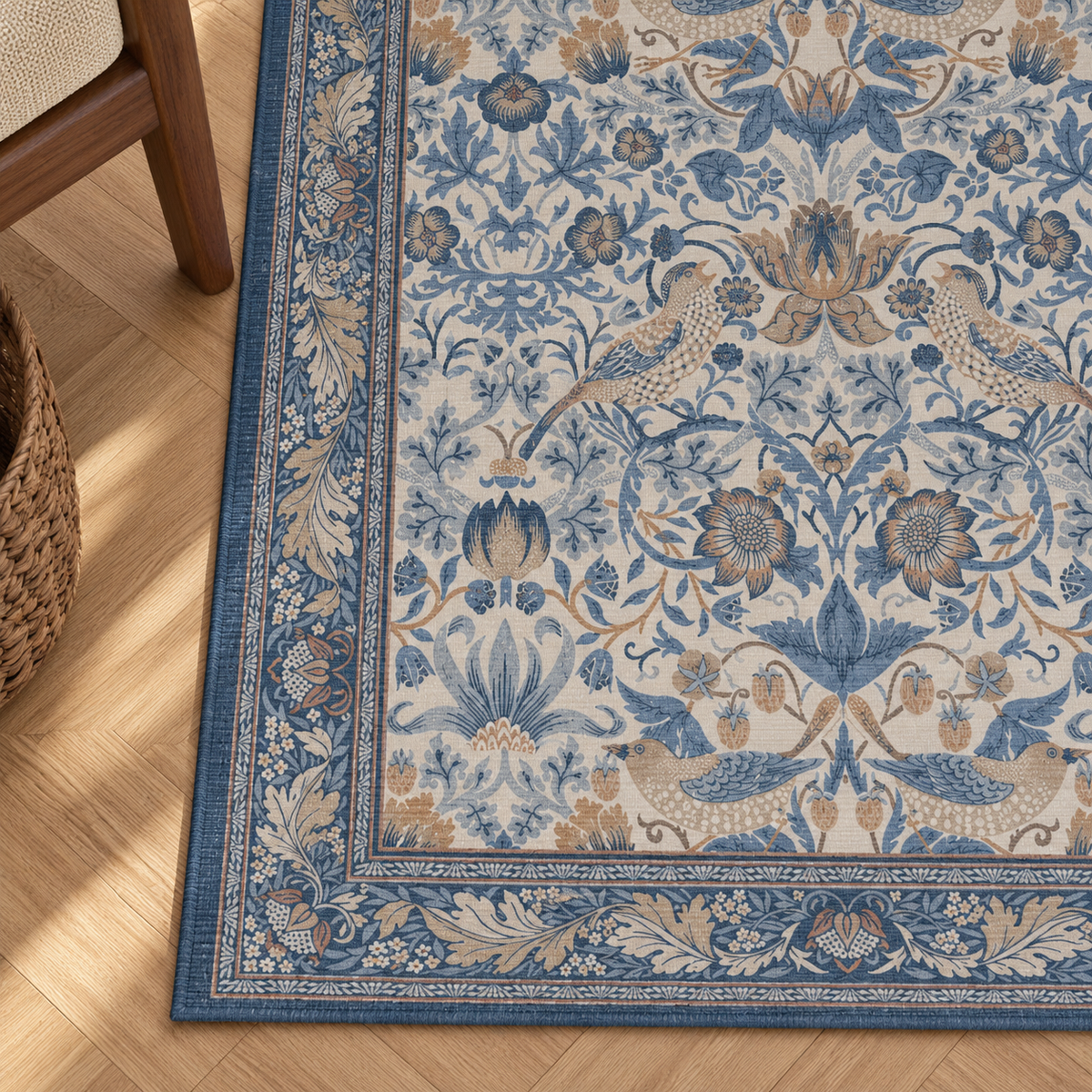 Détail du motif et de la bordure du tapis Margot, vu du dessus