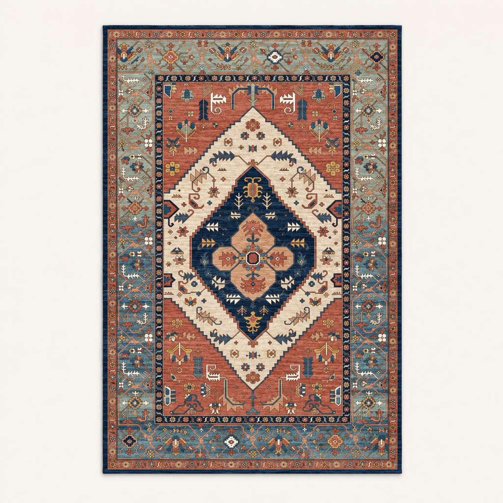 Tapis bohème lavable Mélina, vue complète du motif sur fond clair