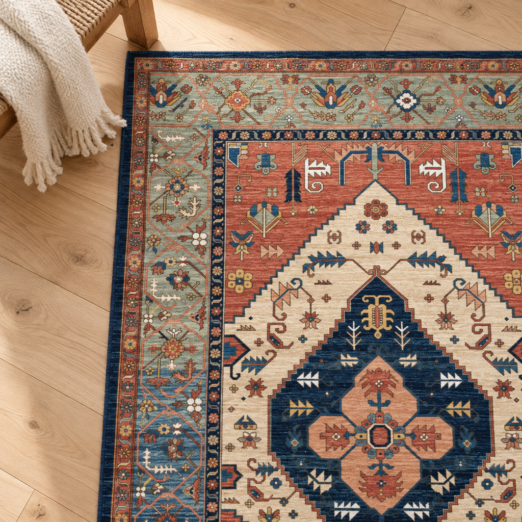 Détail du motif et de la bordure du tapis Mélina, vu du dessus
