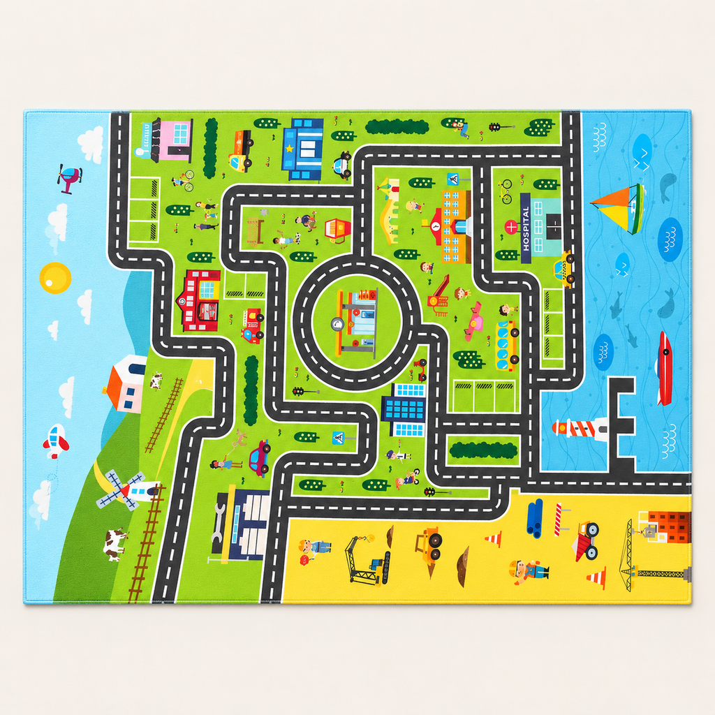 Tapis circuit enfant Mini-Ville, vue complète du motif sur fond clair