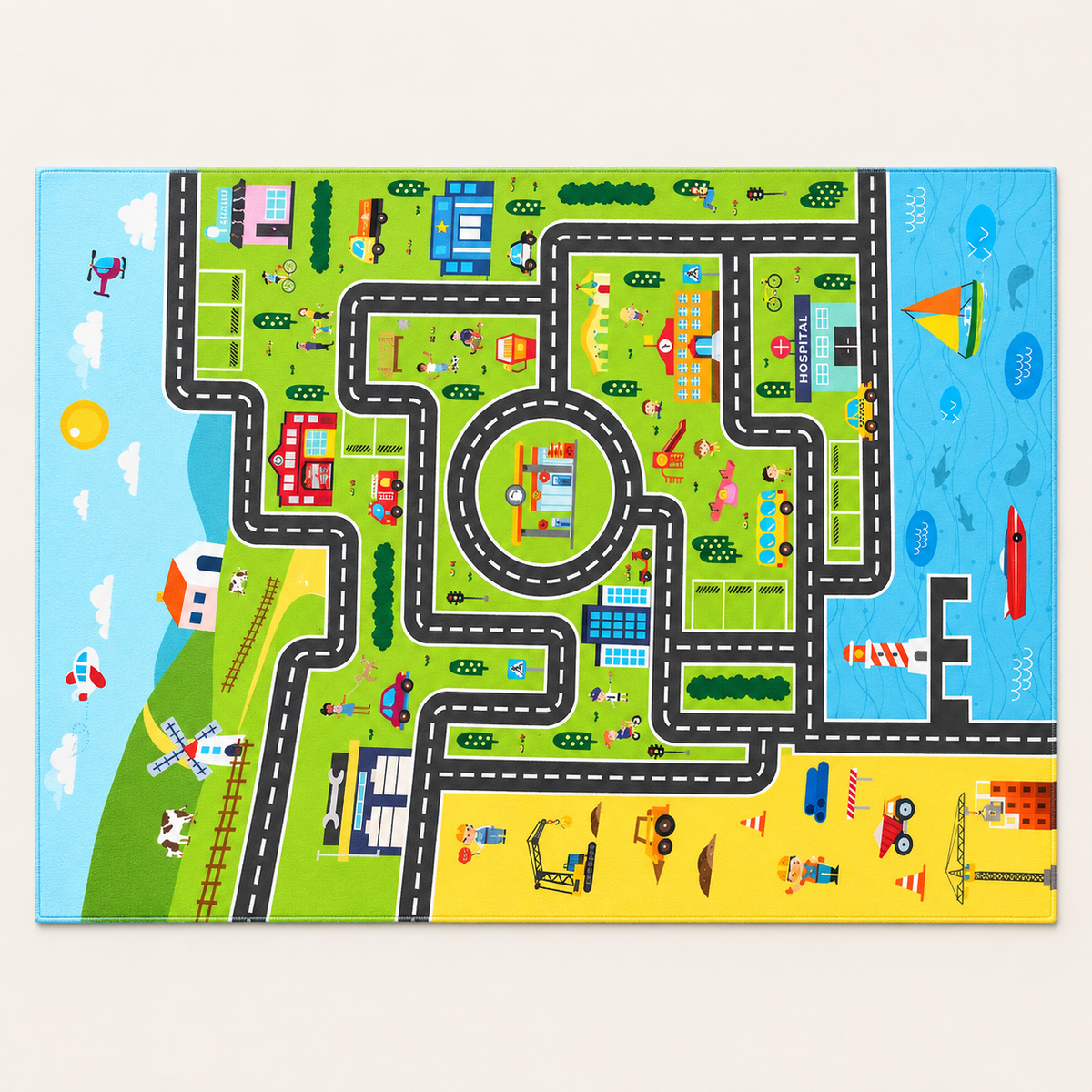Tapis circuit enfant Mini-Ville, vue complète du motif sur fond clair