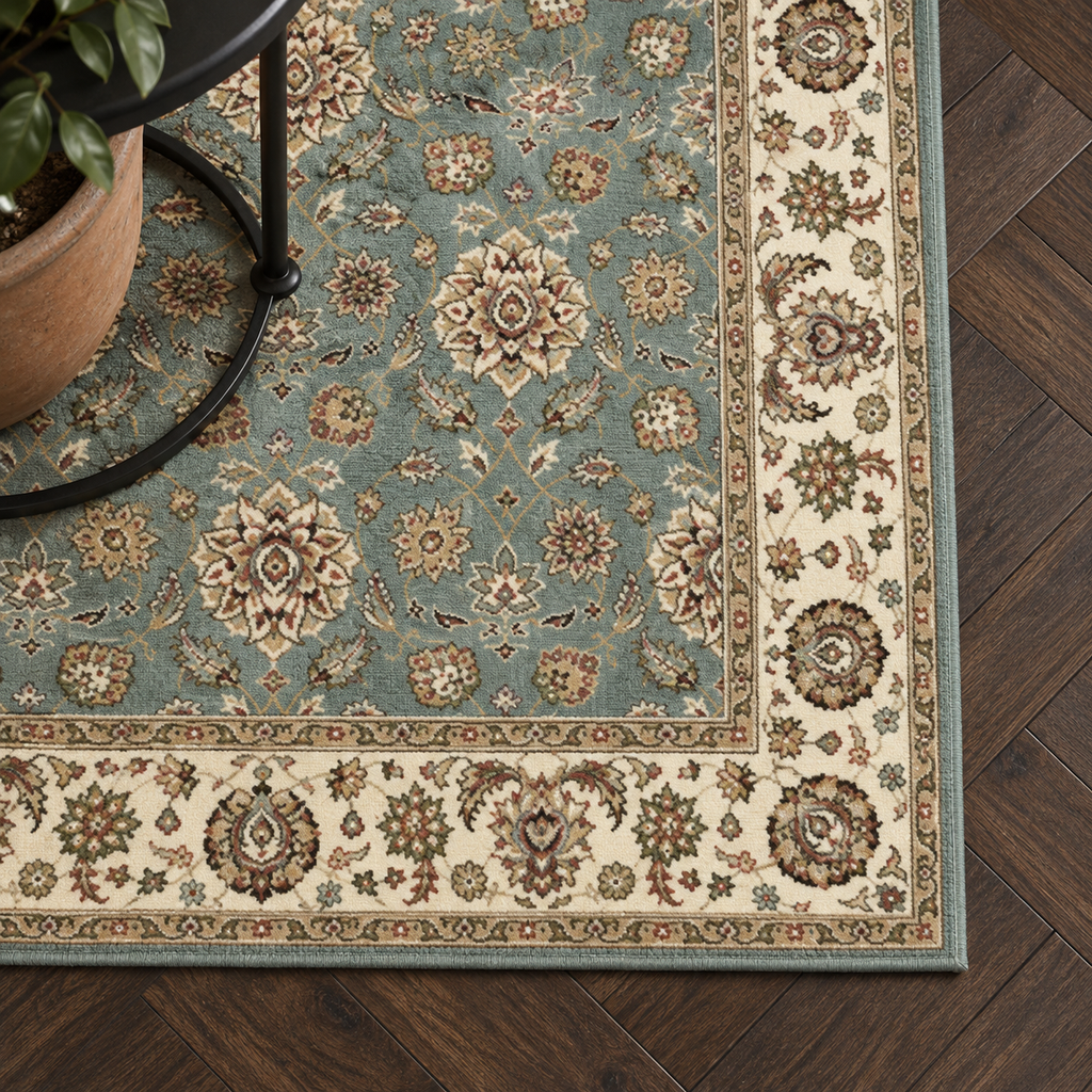 Détail du motif et de la bordure du tapis Mireille, vu du dessus