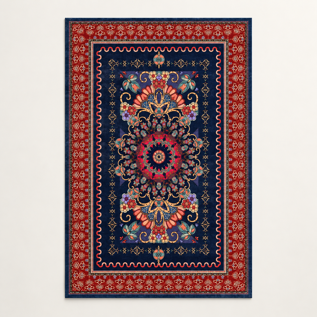 Tapis bohème lavable Naëlle, vue complète du motif sur fond clair