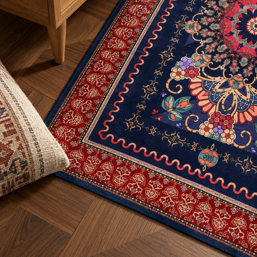 Détail du motif et de la bordure du tapis Naëlle, vu du dessus