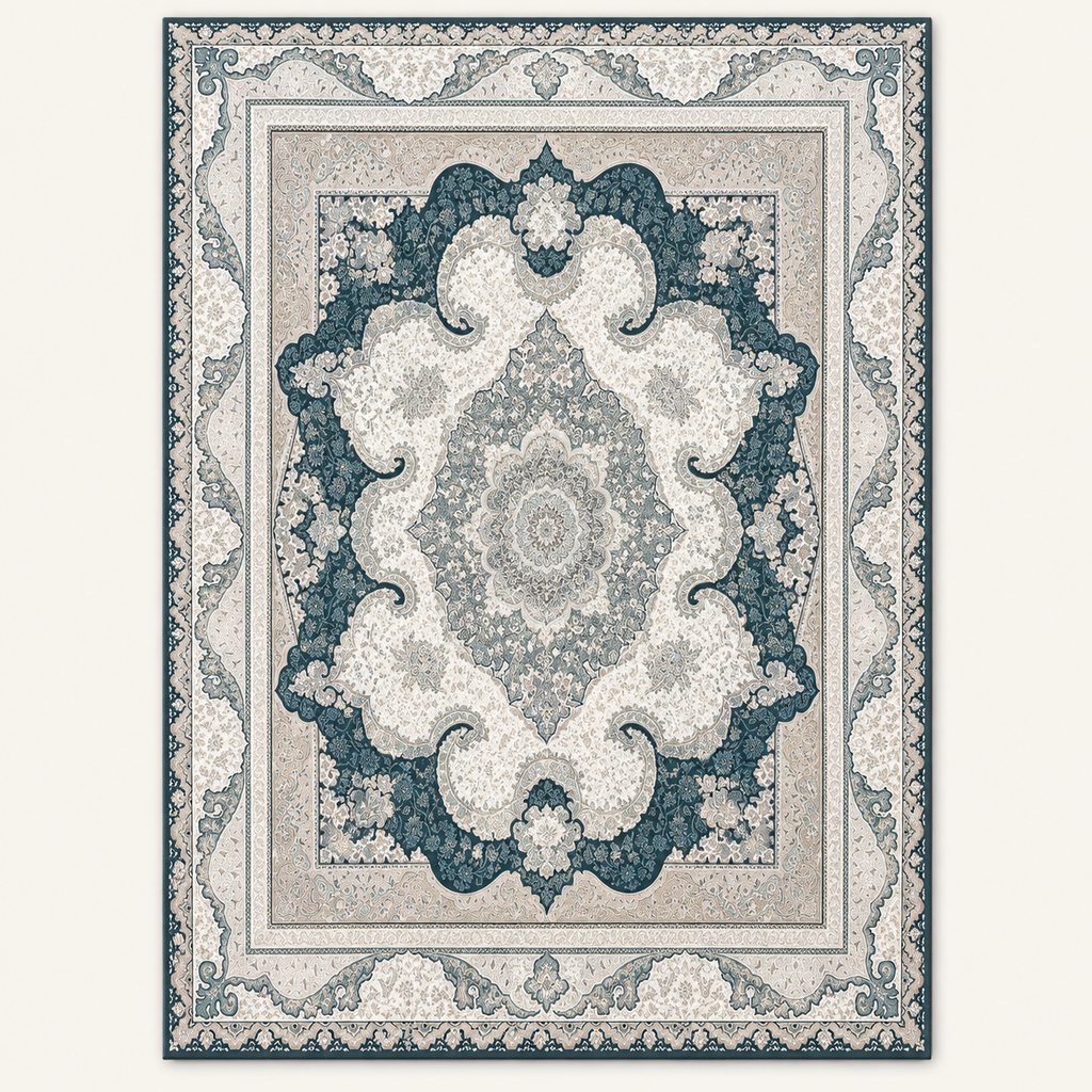Tapis persan bohème Naïma, vue complète du motif sur fond clair