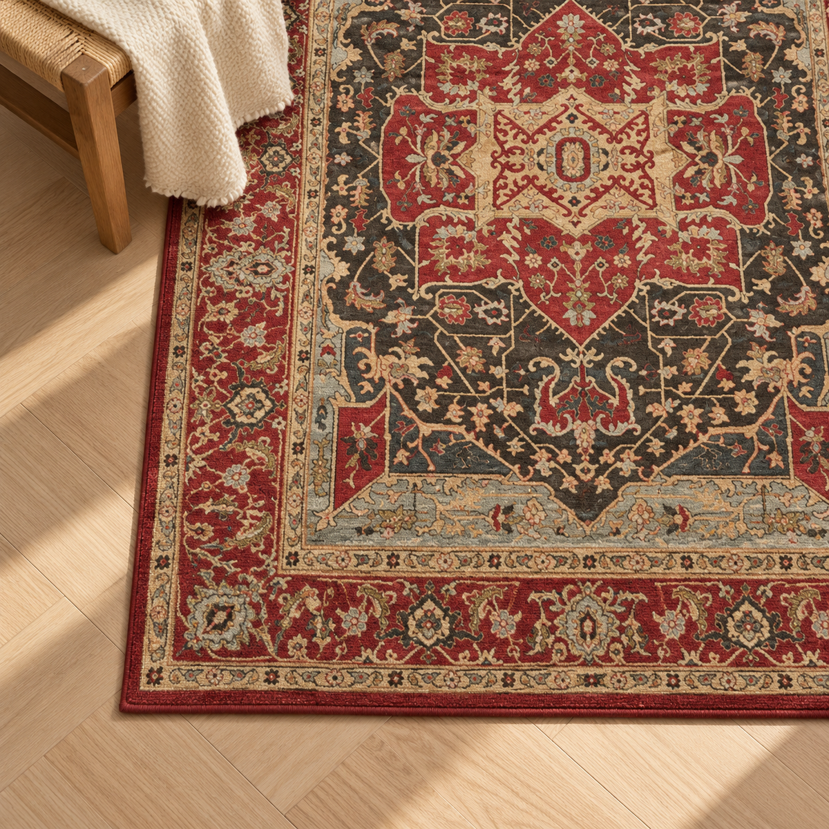 Détail du motif et de la bordure du tapis Nélia, vu du dessus