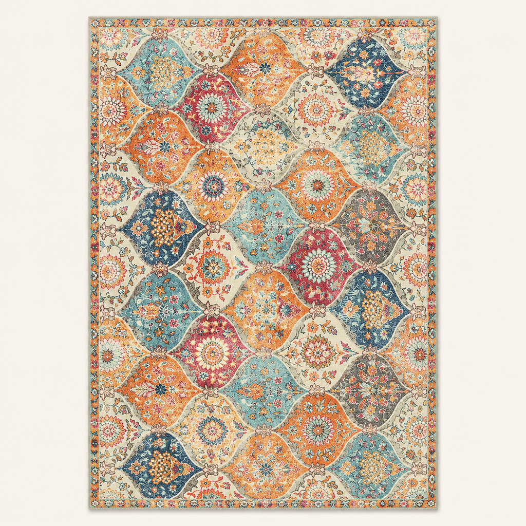 Tapis vintage persan Nora, vue complète du motif sur fond clair