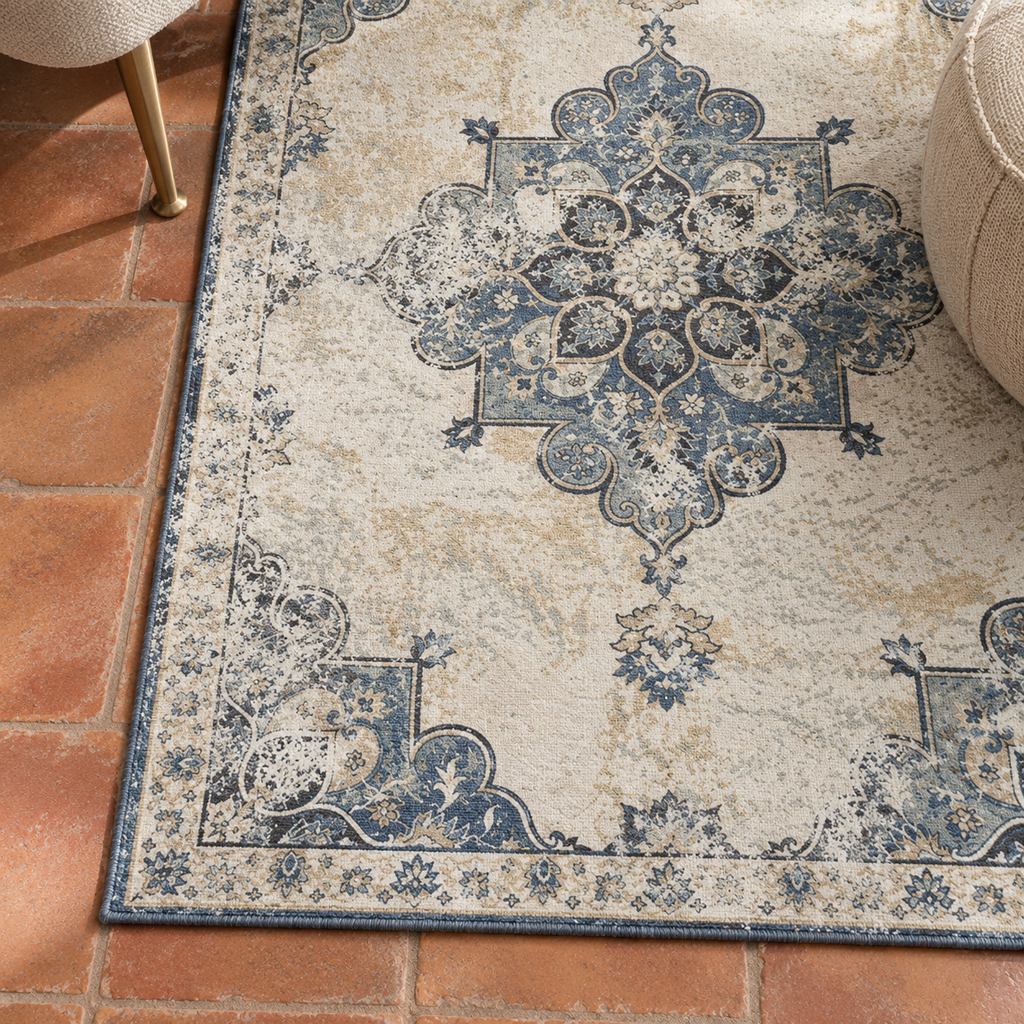 Détail du motif et de la bordure du tapis Océane, vu du dessus