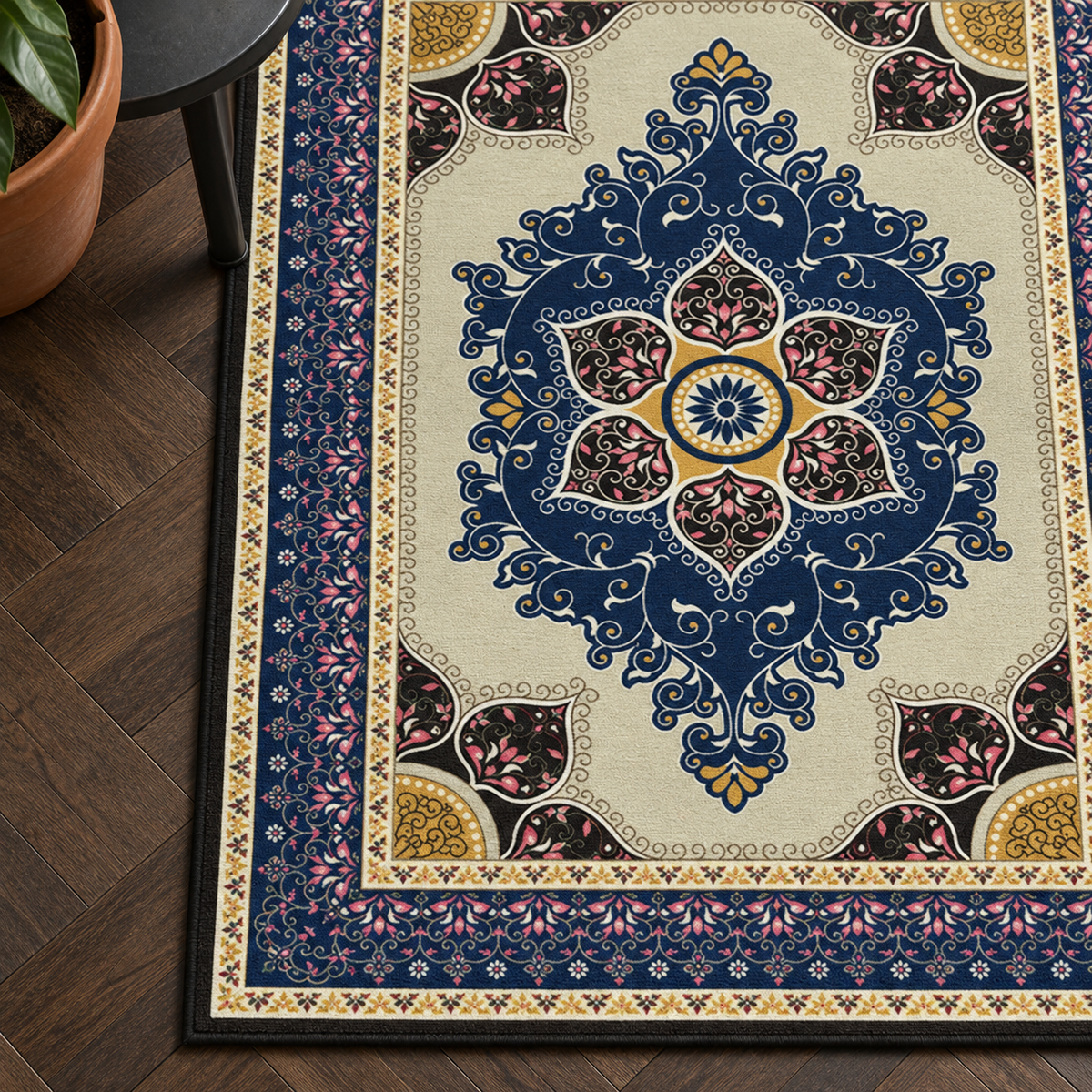 Détail du motif du tapis Olivia, vu du dessus