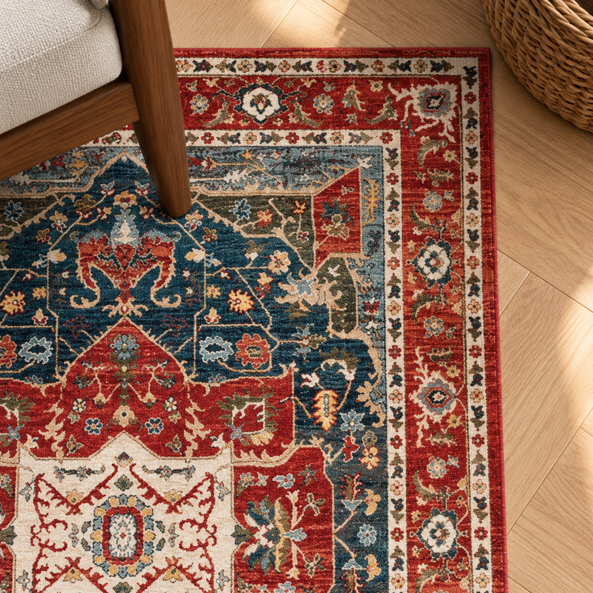 Détail du motif et de la bordure du tapis Oriane, vu du dessus