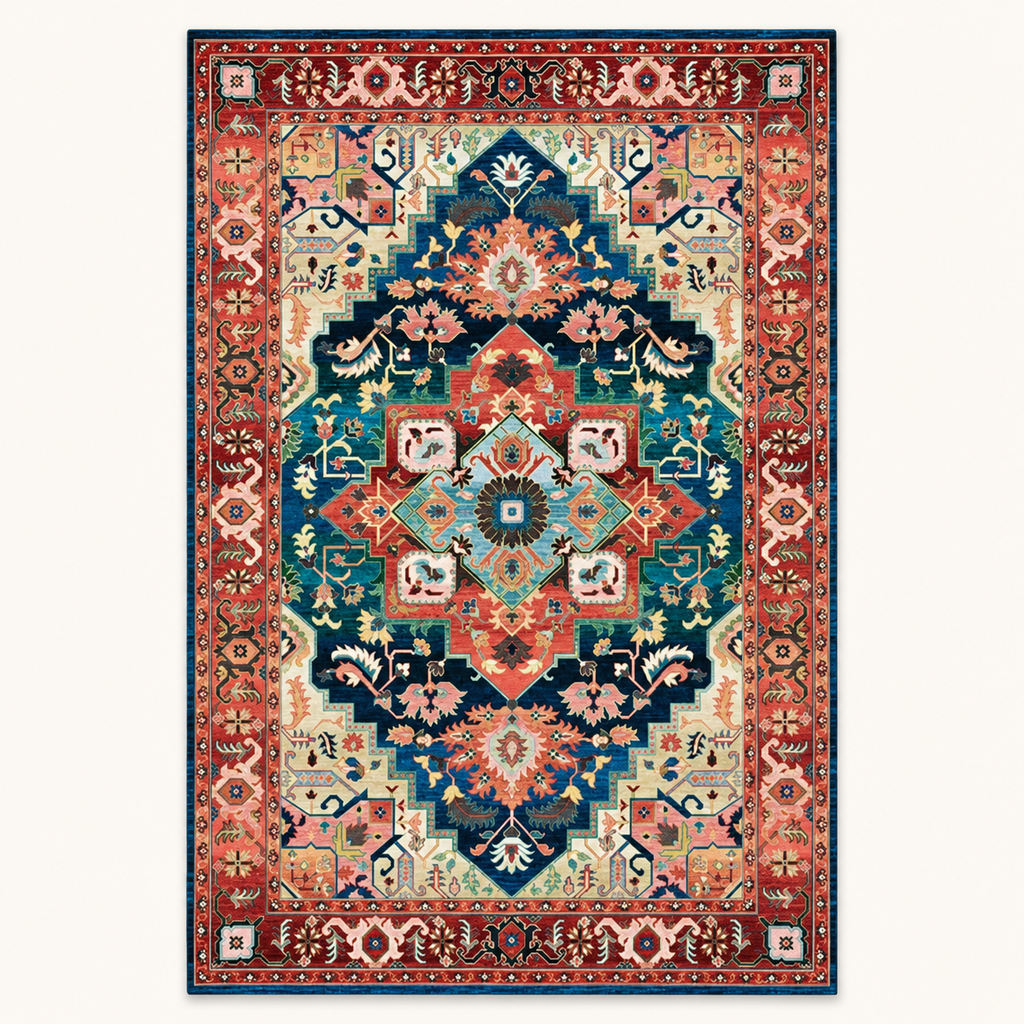 Tapis géométrique rétro Quitterie, vue complète du motif sur fond clair