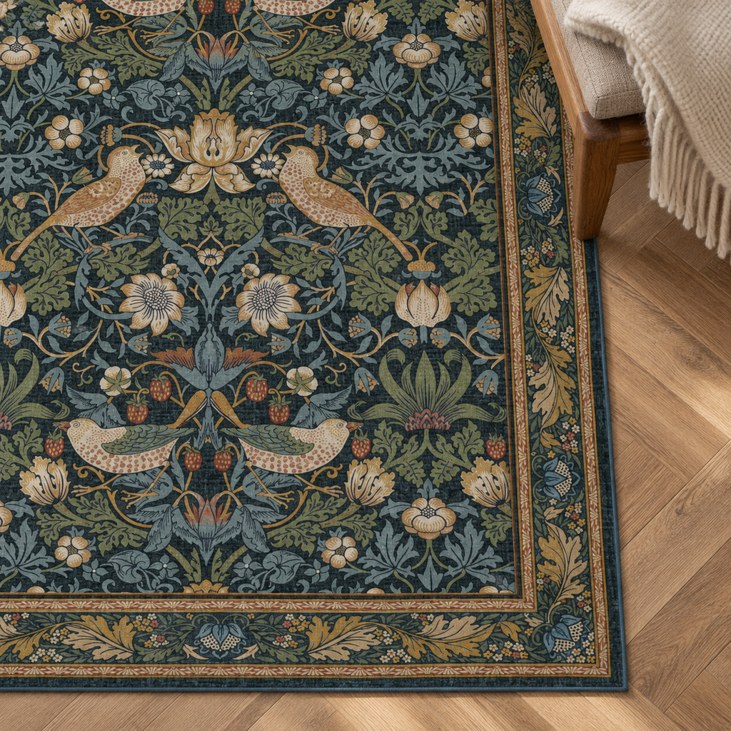 Détail du motif et de la bordure du tapis Rose, vu du dessus