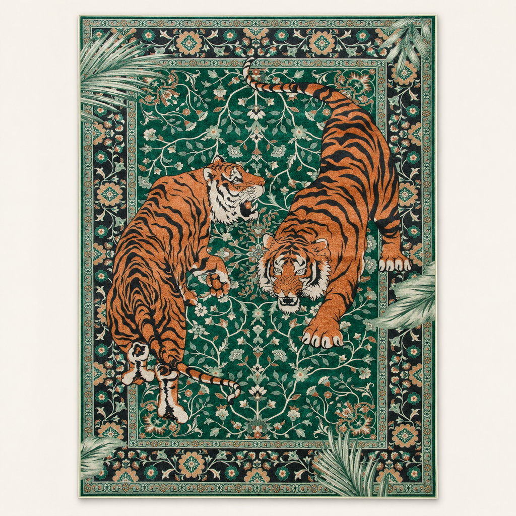 Tapis jungle animalier Sacha, vue complète du motif sur fond clair