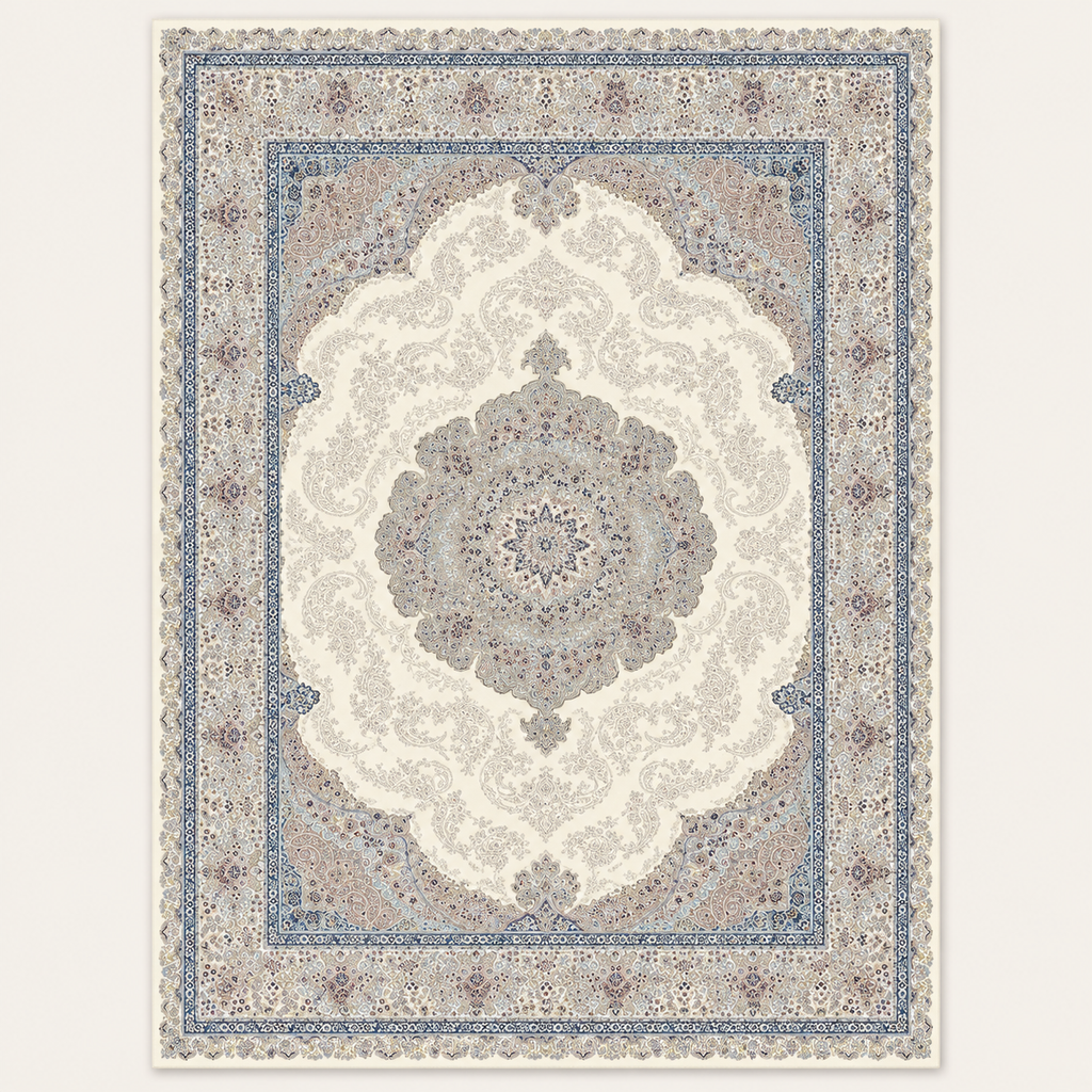Tapis persan bohème Safiya, vue complète du motif sur fond clair