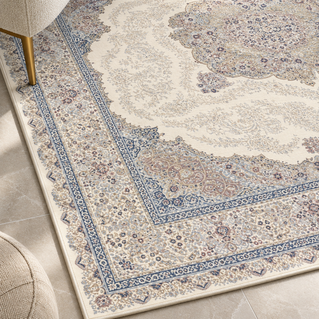 Détail du motif et de la bordure du tapis Safiya, vu du dessus