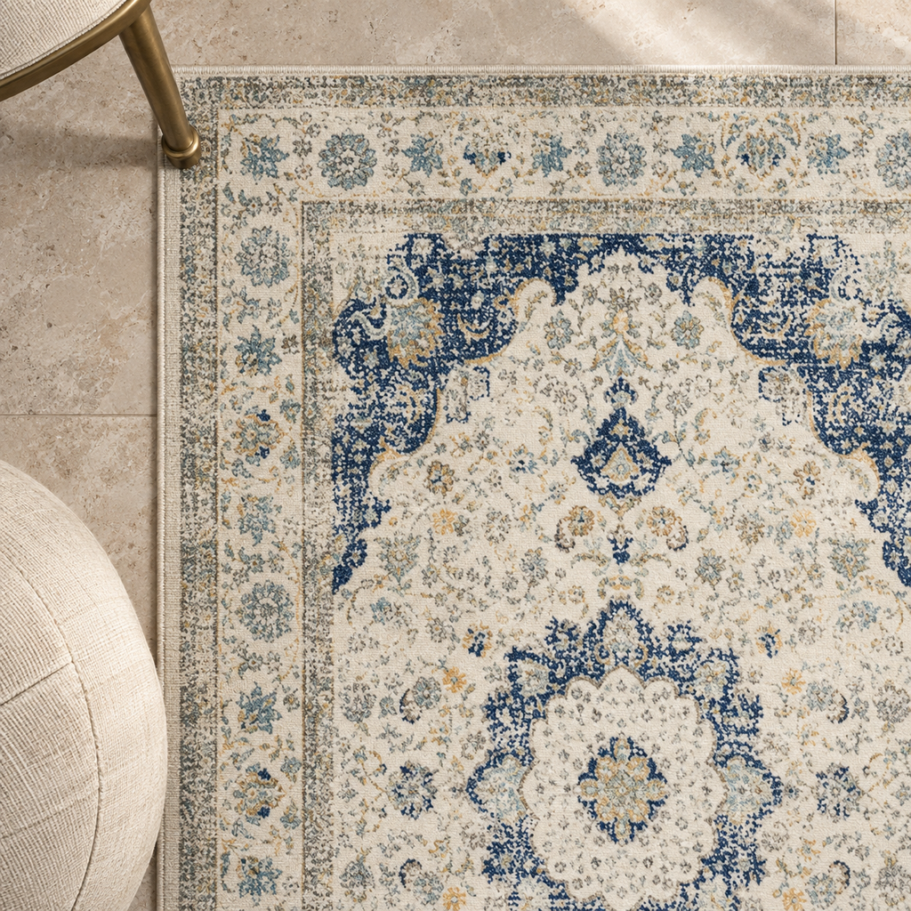 Détail du motif et de la bordure du tapis Salomé, vu du dessus