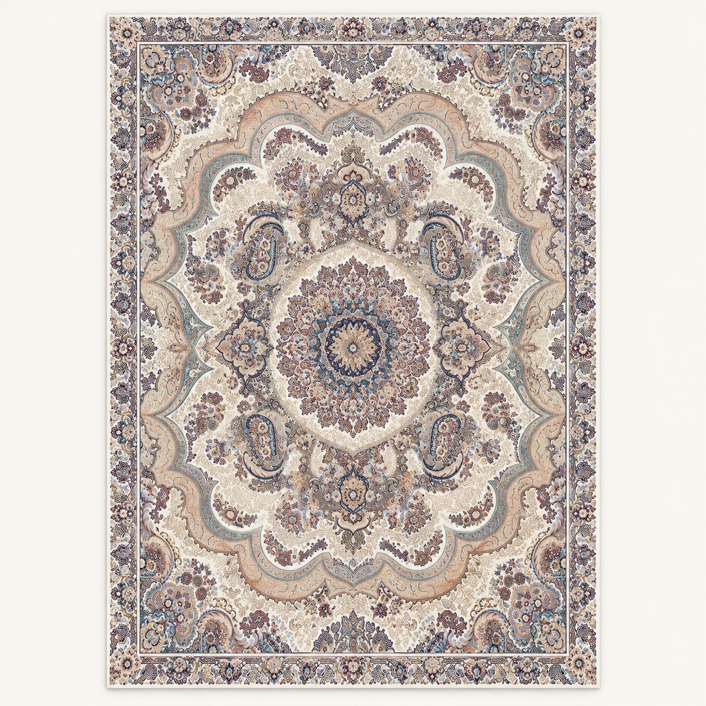 Tapis persan bohème Samira, vue complète du motif sur fond clair