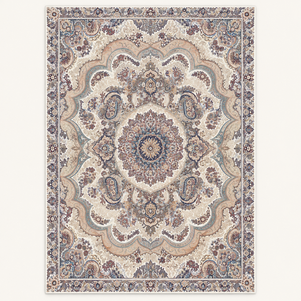 Tapis persan bohème Samira, vue complète du motif sur fond clair