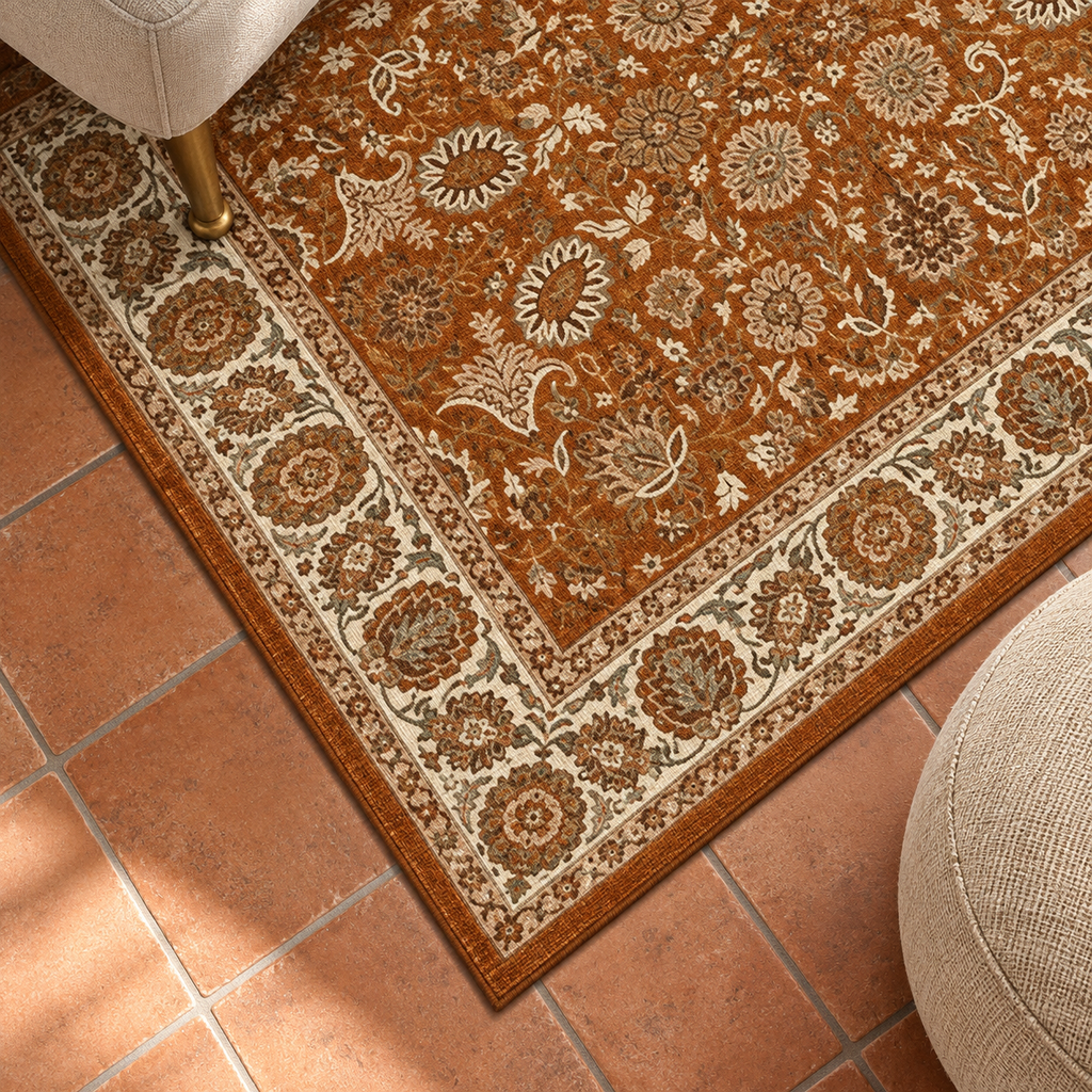 Détail du motif et de la bordure du tapis Selena, vu du dessus