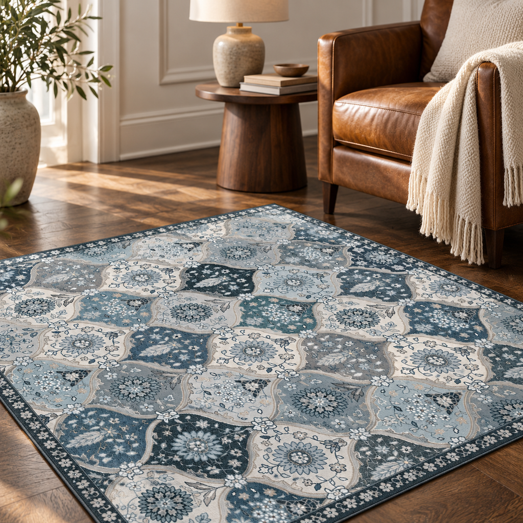 Tapis Sofia au pied d'un fauteuil en cuir cognac, ambiance salon