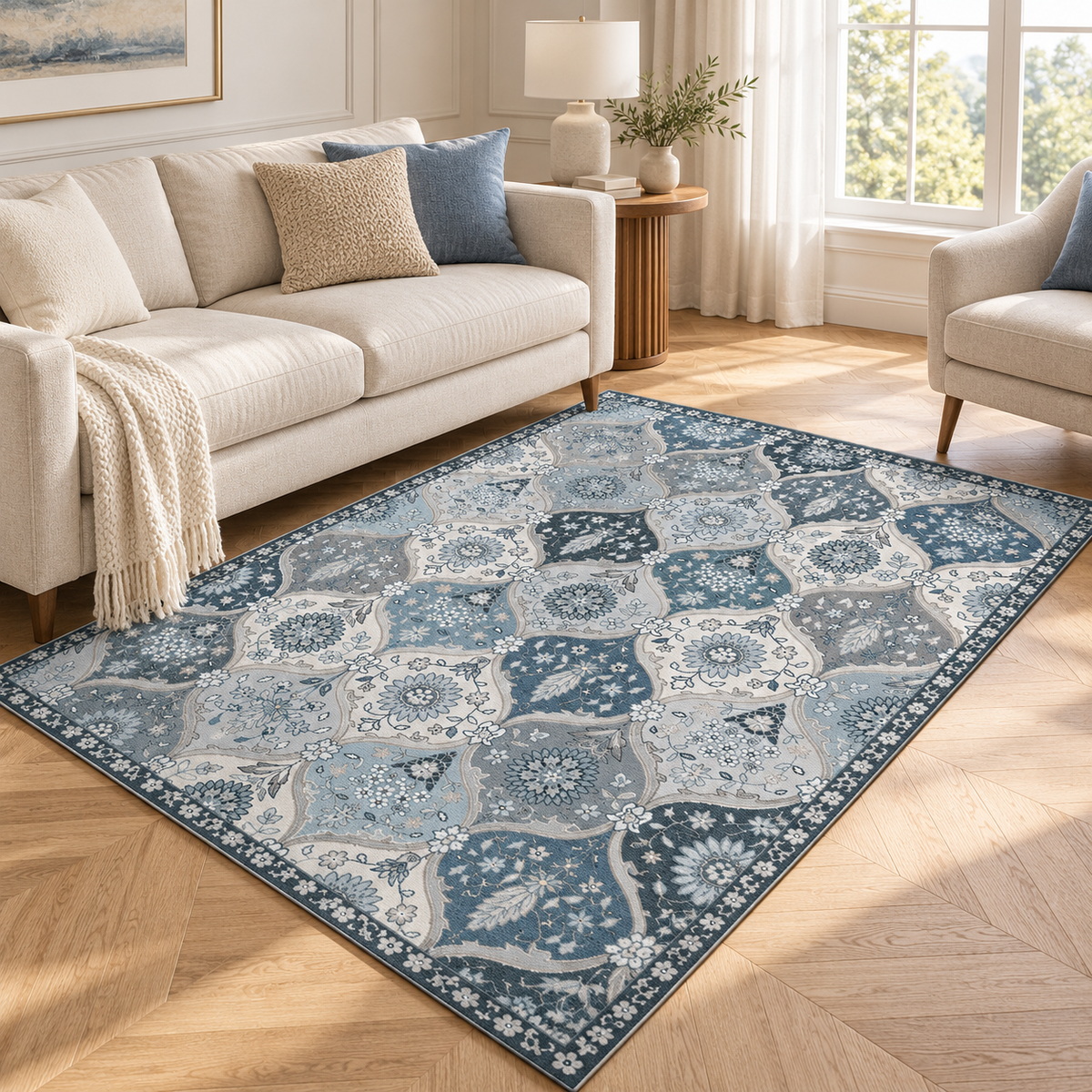 Tapis Sofia dans un salon lumineux, vue d'ensemble