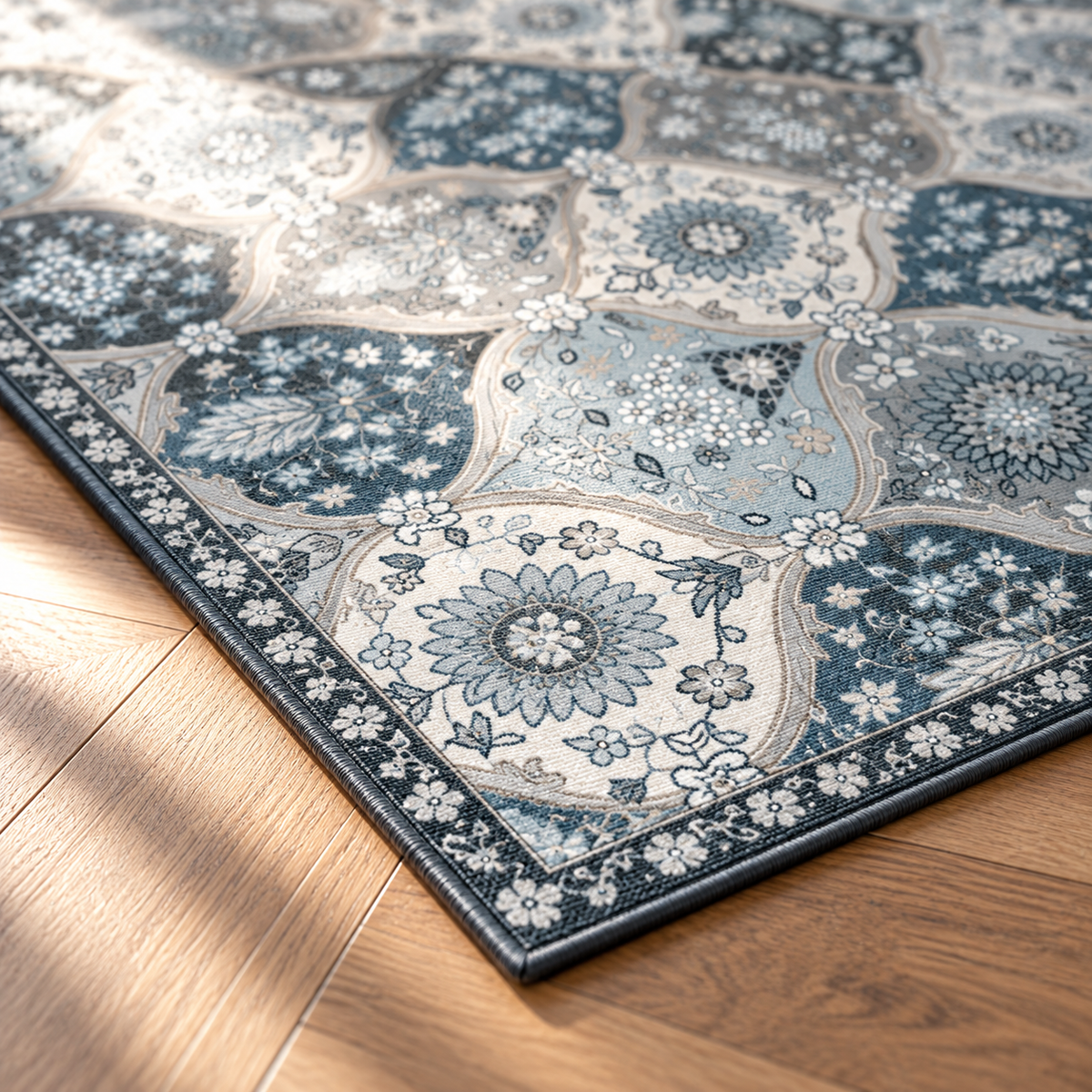 Angle du tapis Sofia en gros plan sur parquet
