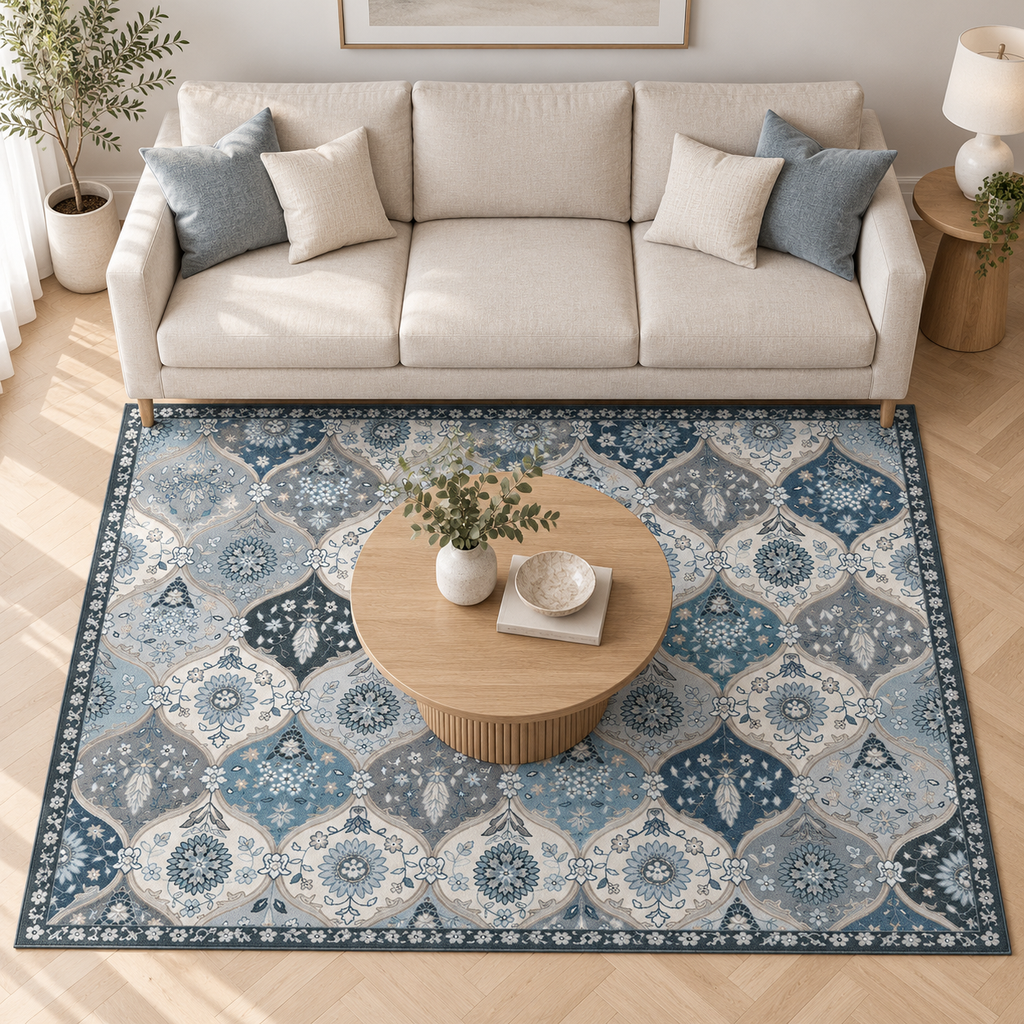 Tapis Sofia en 160 × 230 cm devant un canapé 3 places