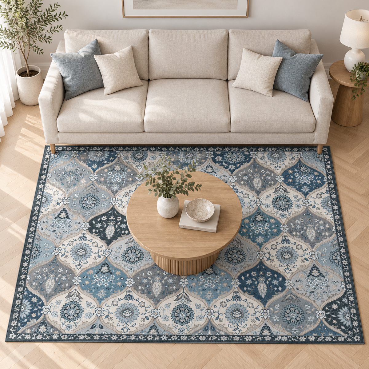 Tapis Sofia en 160 × 230 cm devant un canapé 3 places