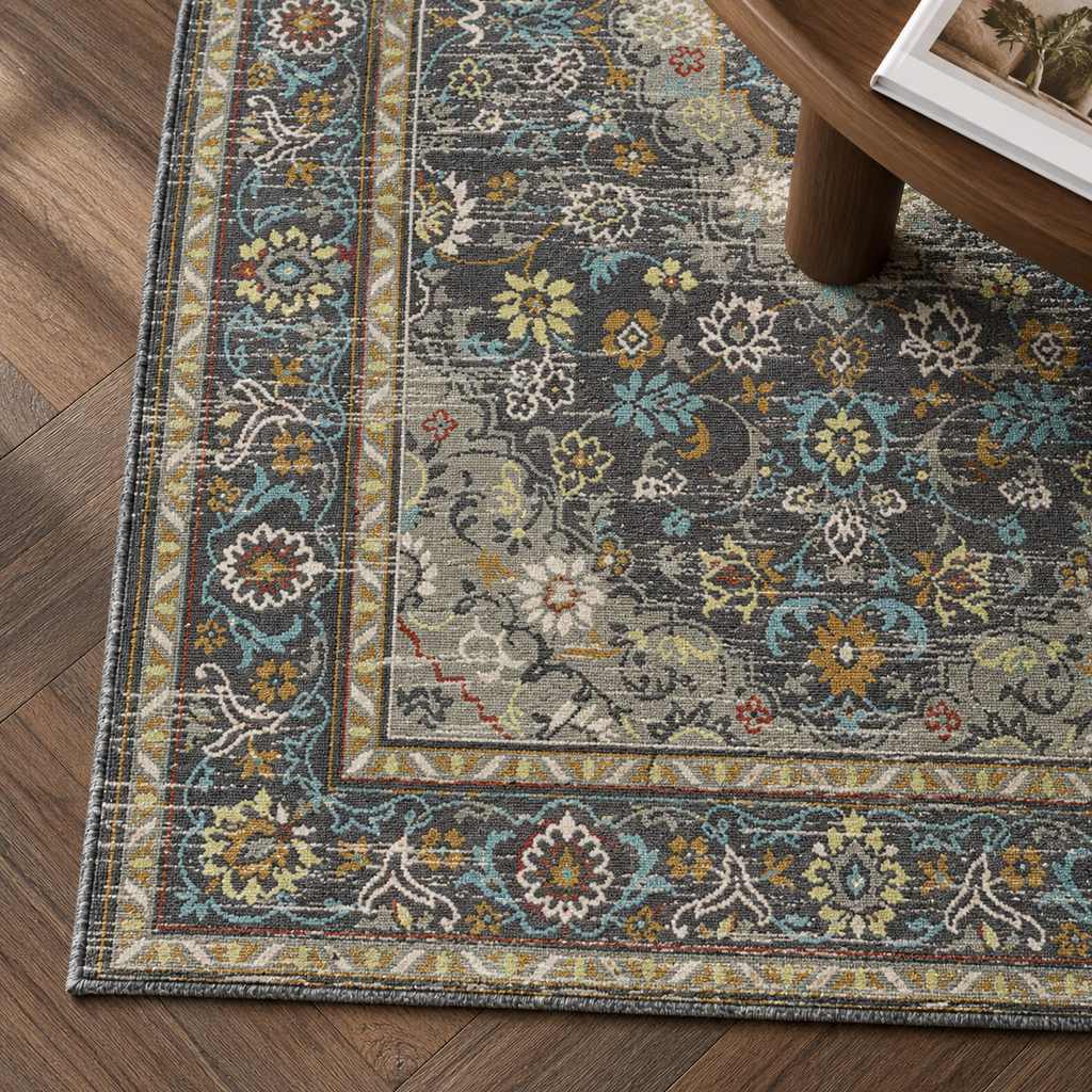 Détail du motif et de la bordure du tapis Solène, vu du dessus