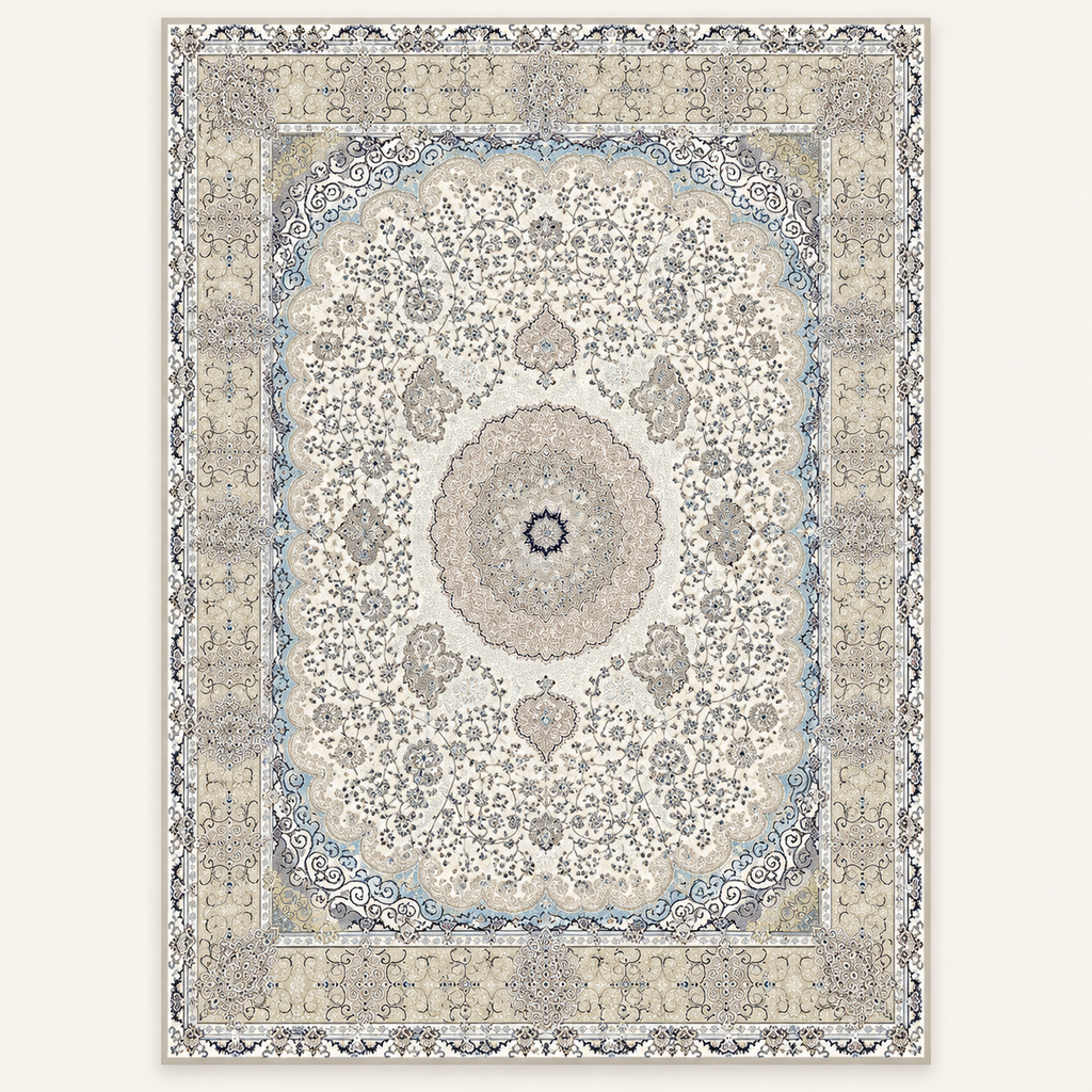 Tapis persan bohème Soraya, vue complète du motif sur fond clair