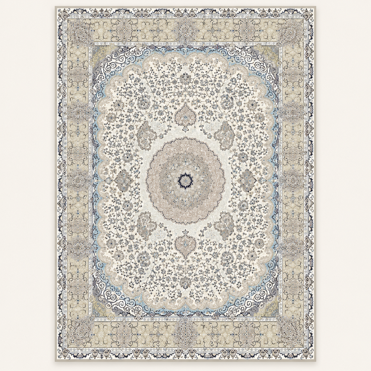 Tapis persan bohème Soraya, vue complète du motif sur fond clair