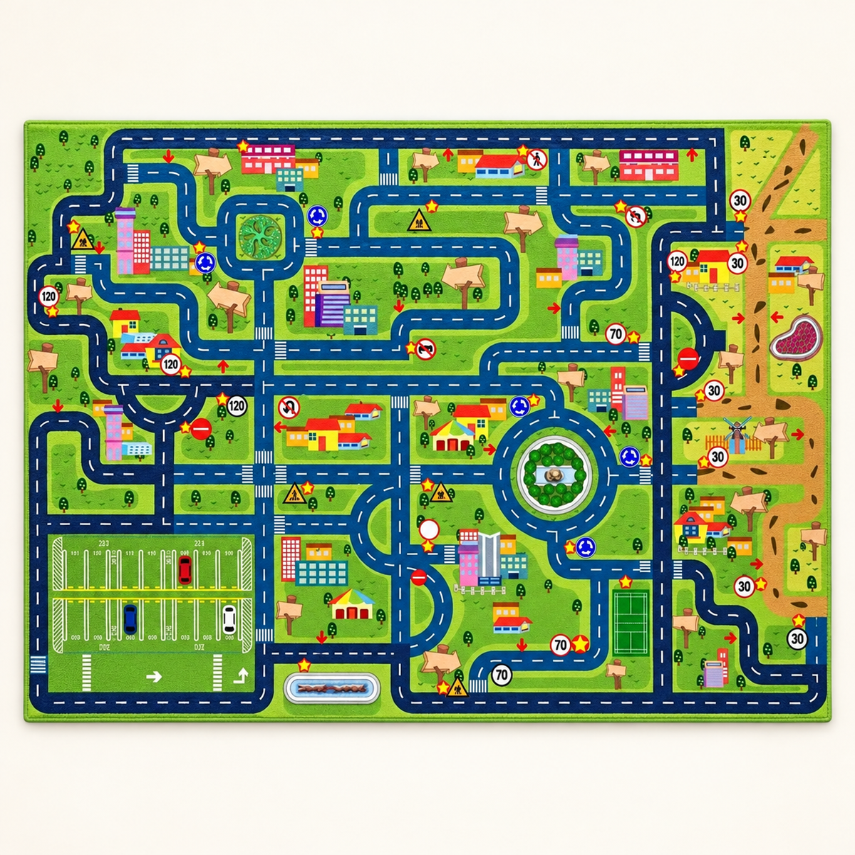 Tapis circuit enfant Balade Urbaine, vue complète du motif sur fond clair