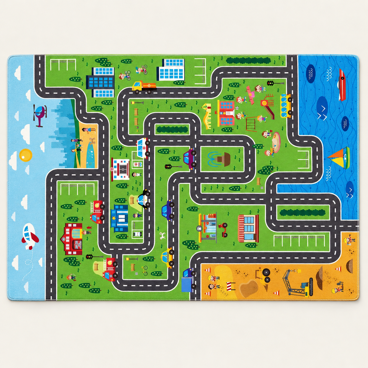 Tapis circuit enfant Petit Voyage, vue complète du motif sur fond clair