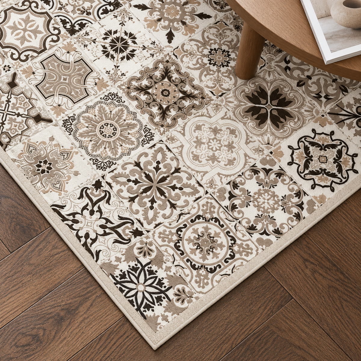 Détail du motif et de la bordure du tapis Yasmina, vu du dessus