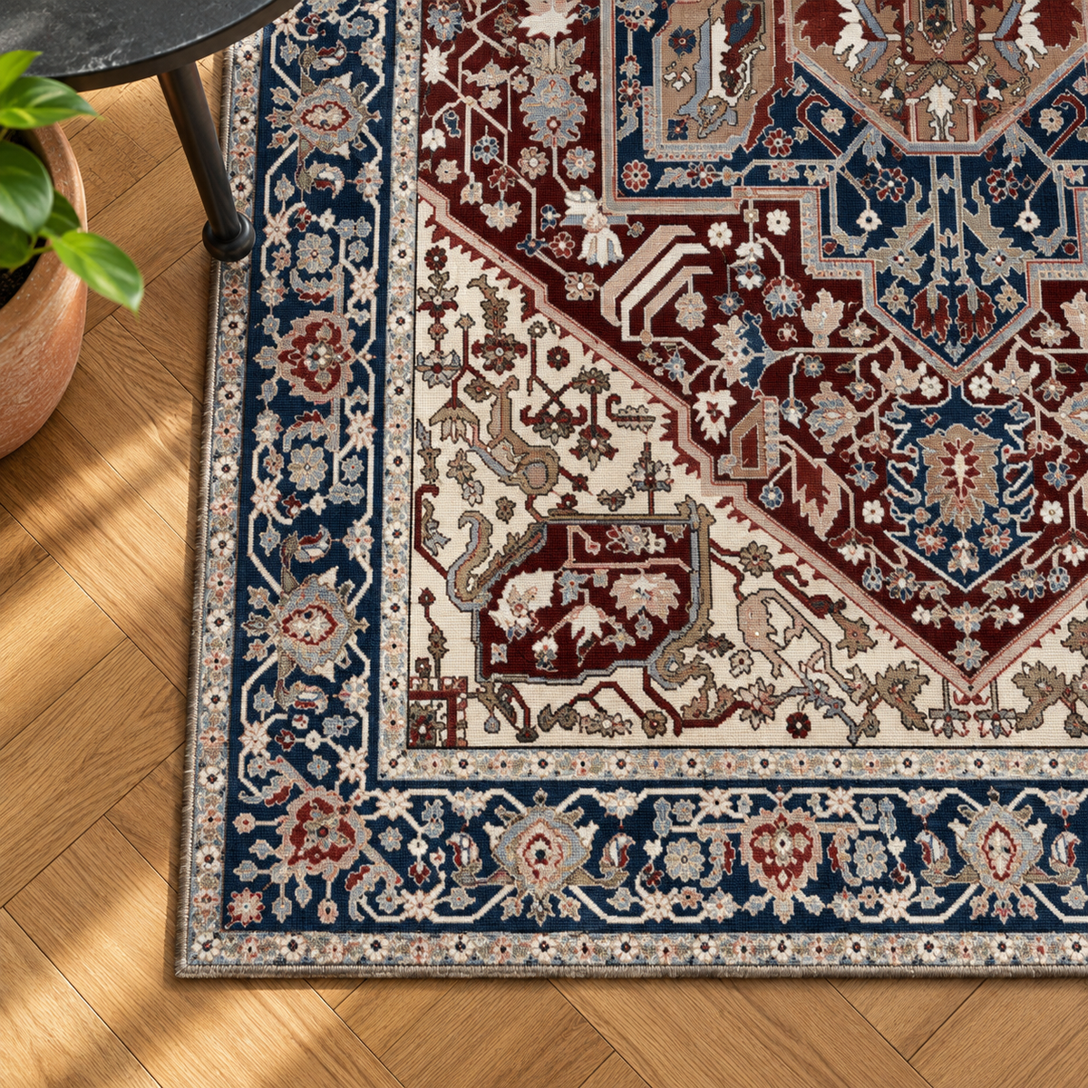 Détail du motif et de la bordure du tapis Ysé, vu du dessus