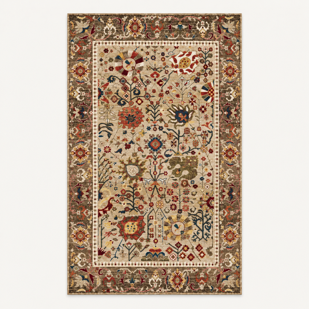 Tapis bohème lavable Zélie, vue complète du motif sur fond clair